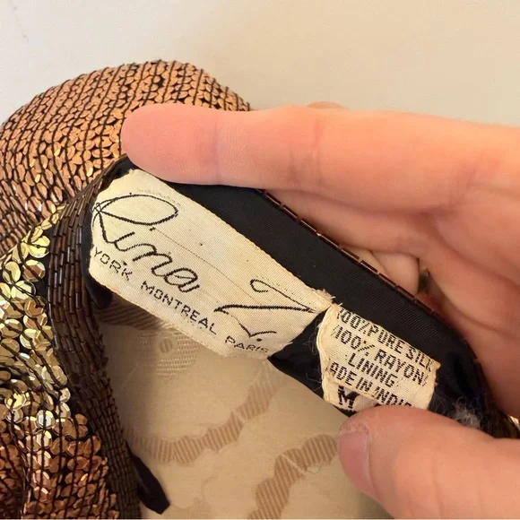 VTG Rina Z 100% Silk Sequin Jacket Bronze Black Geometric M - Picture 8 of 8